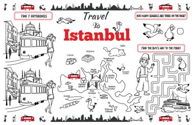 Çocuklar için eğlenceli bir yer. Bir labirentle İstanbul 'a yapılan basılı seyahat ve farklılıklar. 17x11 inç yazdırılabilir vektör dosyası