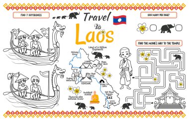 Çocuklar için eğlenceli bir yer. Laos 'a bir labirentle yazılabilir seyahat ve farklılıkları bulmak. 17x11 inç yazdırılabilir vektör dosyası