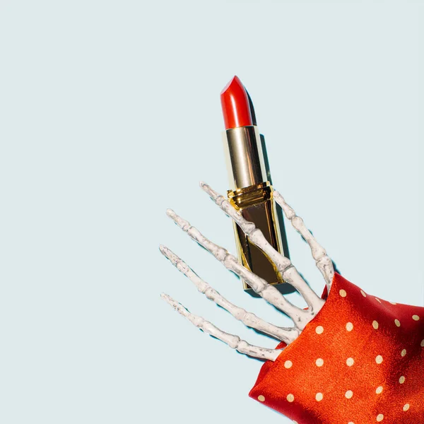 Perfect Red Lipstick Part Human Skeleton Creative Gothic Style Layout — Stock Photo, Image