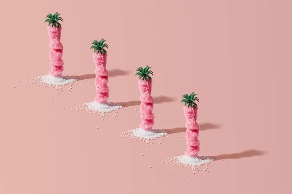 Palmen Rosafarbenes Fell Gehüllt Kreatives Winterferienlayout Vor Pastellfarbenem Hintergrund Exotische — Stockfoto