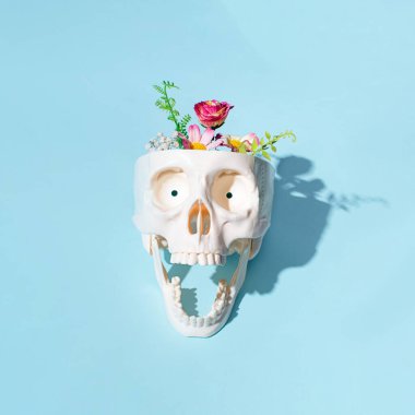 Çiçeklerle dekore edilmiş insan kafatası modeli, Pastel mavi arka plana karşı yaratıcı korku esintisi..
