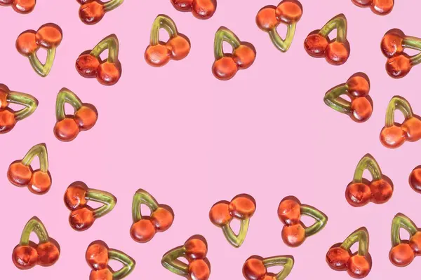 Kirschfrucht Gummibonbons Niedliches Muster Mit Kreativem Kopierraum Pastellrosa Hintergrund — Stockfoto