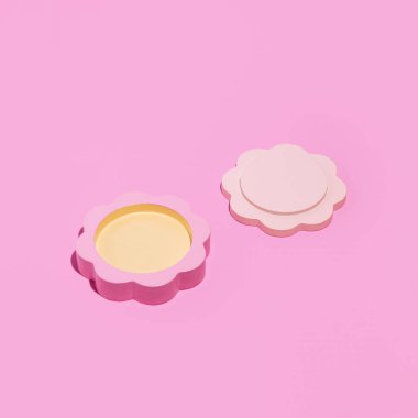 Kompakt toz kutusu, çiçek şekli, yaratıcı estetik düzen, pembe arka plan. Güzellik ürünleri fikri.