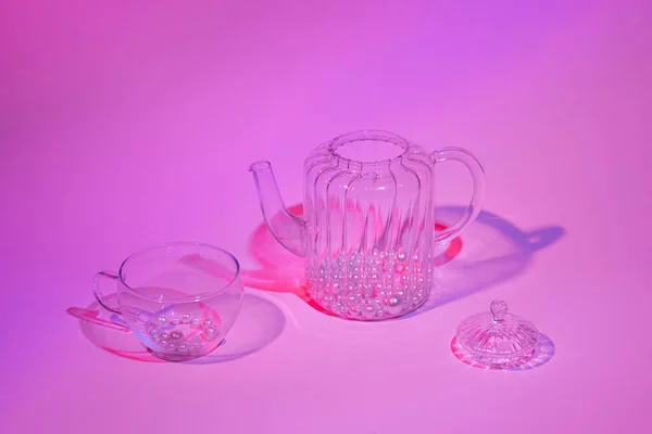 Tea time aesthetic concept. Neon pink purple layout.