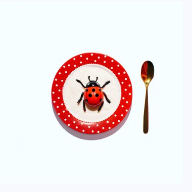 Bayan böcek tabakta, yaratıcı, estetik gıda konsepti beyaz arka plana karşı.