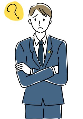 Kafasında soru işareti olan takım elbiseli bir adam.