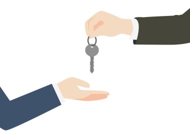 Emlakçı bir müşteriye anahtarları veriyor. Vektör illüstrasyonu.