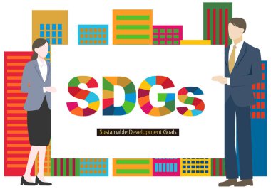 İş adamı ve iş kadını, SDG sözcüğüyle büyük bir tabelanın önünde duruyor. Vektör illüstrasyonu.