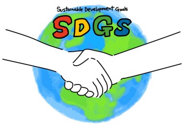 Dünya haritasının arka planında iş tokalaşmasının gösterimi.