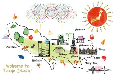 TOKYO 'ya hoş geldiniz. Meşhur simgeler ve sembollerle el çizimi vektör çizimi.