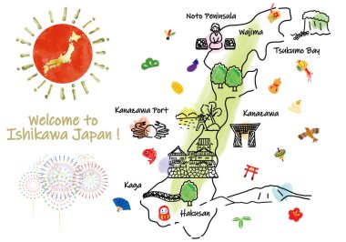 ISHIKAWA Japan travel map with landmarks and attractions. Hand drawn vector illustration. clipart