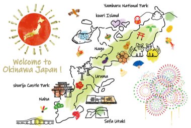 OKINAWA Japonya 'ya hoş geldiniz. Japon sembolleri ve simgelerinin el çizimi vektör çizimi.