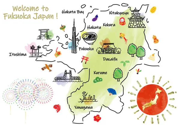 Fukuoka Japonia Mapa Podróży Zabytków Atrakcji Ilustracja Wektora Narysowanego Ręcznie — Zdjęcie stockowe