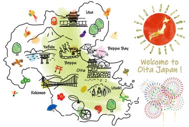OITA Japonya şehir simgeleri ve cazibeleri ile seyahat haritası. El çizimi vektör illüstrasyonu.