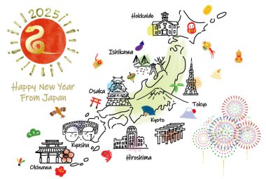 El çizimi JAPAN turistik nokta haritası yeni yıl kartı 2025 el çizimi illüstrasyon