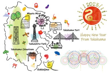 El çizimi YOKOHAMA JAPAN turistik nokta haritası yeni yıl kartı 2025 illüstrasyon