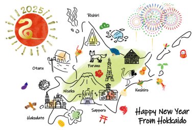 El çizimi HOKKAIDO JAPAN turist çekimleri haritası ve Japon şans tılsımı