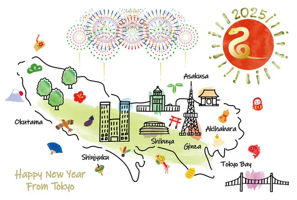 stock image hand drawing TOKYO JAPAN tourist spot map new year card 2025 hand drawing illustration