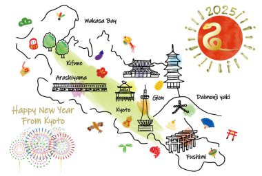 El çizimi KYOTO JAPAN turistik nokta haritası yeni yıl kartı 2025 illüstrasyon, vektör