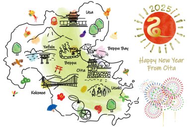 OITA Japonya şehir simgeleri ve sembollerle seyahat haritası. El çizimi vektör illüstrasyonu.