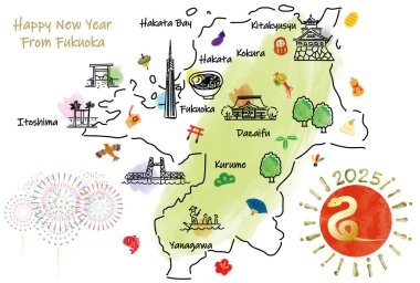 FUKUOKA Japonya şehir simgeleri ve sembollerle seyahat haritası. El çizimi vektör illüstrasyonu.