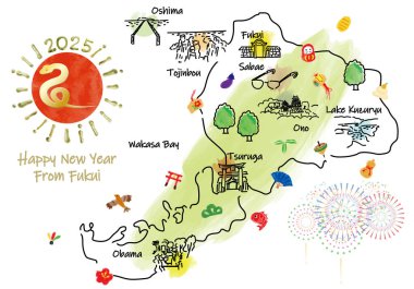 FUKUI Japonya şehir simgeleri ve sembollerle seyahat haritası. El çizimi vektör illüstrasyonu.