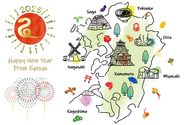 stock image KYUSYU travel map with landmarks and symbols. Hand drawn vector illustration.