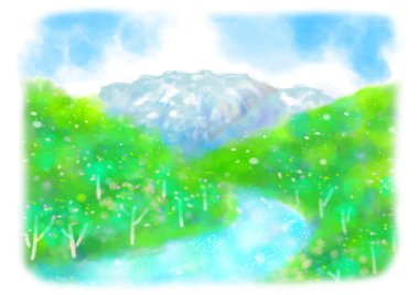 Watercolor painting of Mt. Tanigawa in fresh greenery illustration.The sky is divided into layers clipart