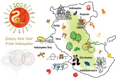 WAKAYAMA Japonya şehir simgeleri ve sembollerle seyahat haritası. El çizimi vektör illüstrasyonu.