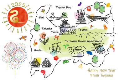 TOYAMA Japonya şehir simgeleri ve sembollerle seyahat haritası. El çizimi vektör illüstrasyonu.