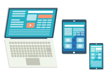 Akıllı telefon, dizüstü bilgisayar, tablet düz simge çizimi.