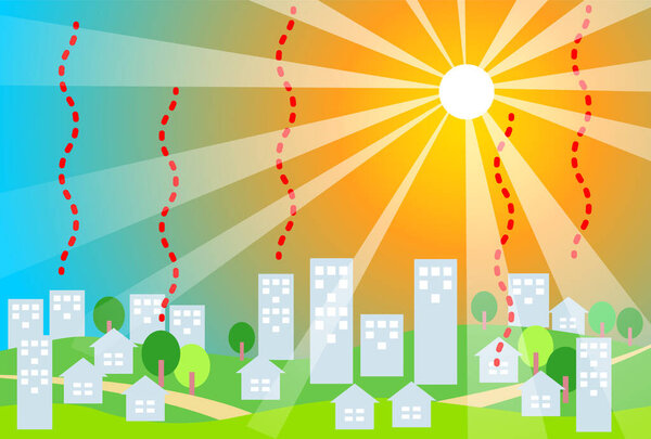 Городской пейзаж на векторной иллюстрации жаркого дня