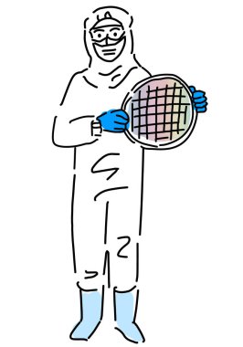 A worker in clean room wear holding a silicon wafer hand drawing illustration, vector clipart