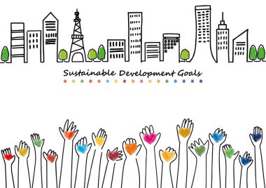 SDGs image hands and hearts with cityscape hand drawing vector illustration clipart