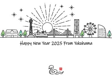 hand drawn cityscape YOKOHAMA new year card 2025 vector illustration clipart