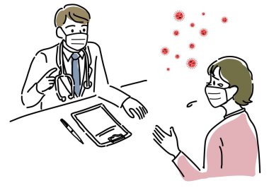 Grip illüstrasyonlu bir kadını muayene eden bir doktor.