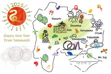 El çizimi YAMANASHI JAPAN turistik nokta haritası yeni yıl kartı 2025 vektör illüstrasyonu