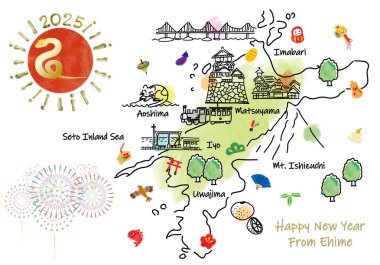 EHIME JAPAN turistik nokta haritası yeni yıl kartı 2025 vektör illüstrasyonu