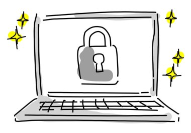 Güvenli bir PC kabataslak elle çizilmiş vektör çizimi resmi