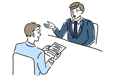 Erkek ofis çalışanı ve müşteri el çizimi vektör illüstrasyonunu açıklar