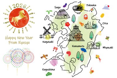 El çizimi KYUSYU JAPAN turistik nokta haritası yeni yıl kartı 2026 el çizimi vektör çizimi