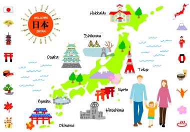 Japon turist çekimleri harita düz renk illüstrasyonu, el çizimi