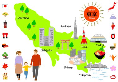 TOKYO Japonya turistik merkezler haritası düz renk çizimi, el çizimi, vektör