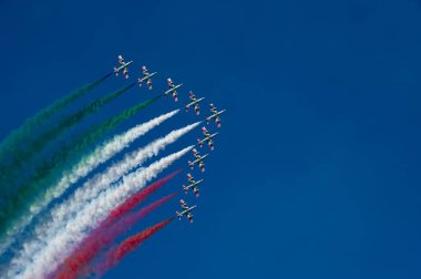 Air show Frecce Tricolori 2022 in Punta Marina, Ravenna, Italy, 2022-06-19, Italian flag in the air.