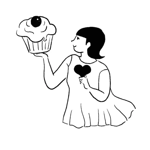 Линейный Рисунок Женщины Желающей Торт — стоковый вектор