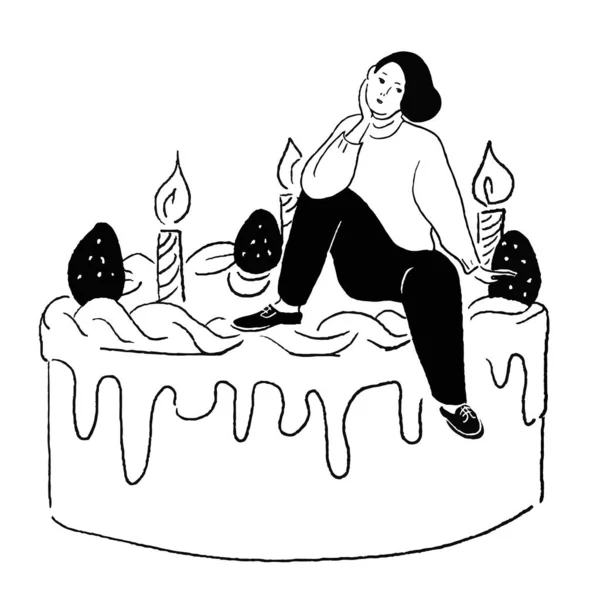 一个女人坐在蛋糕上思考的线条画 — 图库矢量图片