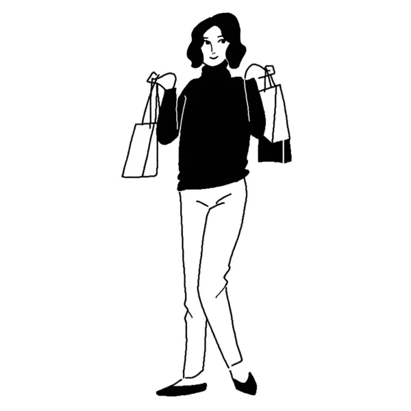 Linienzeichnung Einer Frau Beim Einkaufen — Stockvektor