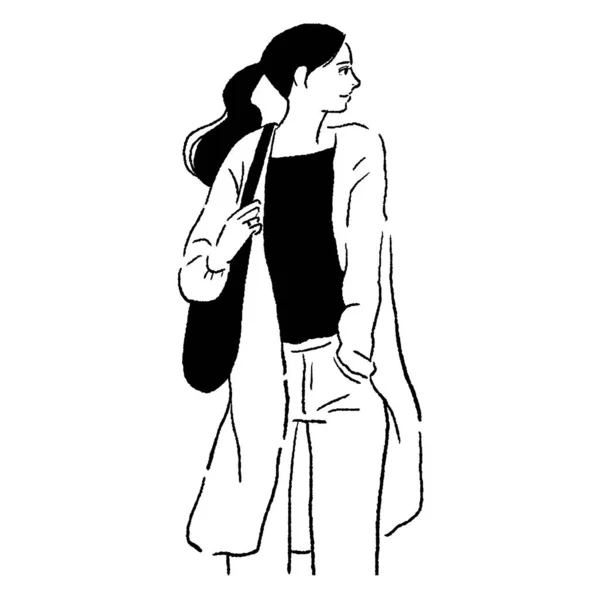 Cardigan Bag Profile Woman Line Drawing — Stock Vector