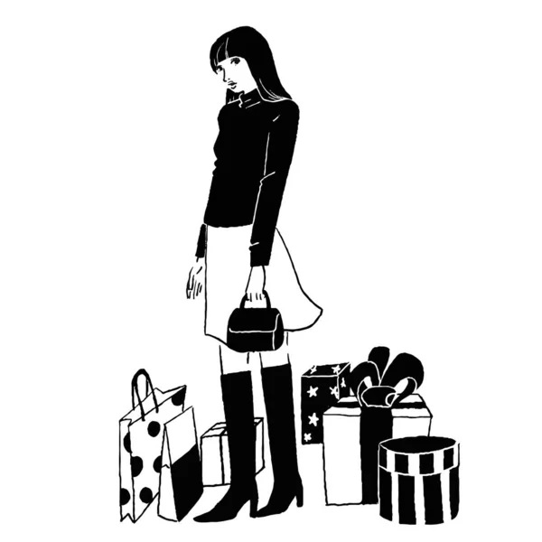 Une Femme Avec Cadeau Des Bottes Une Mini Jupe — Image vectorielle