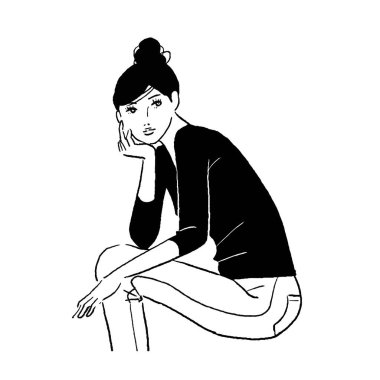 Line drawing of a woman thinking with her elbows on the ground